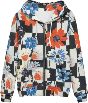 Loose Fit Women Zip Up Hoodies with Pocket Drawstring Strap Soft Plaid Floral Hoodie Lightweight Sweatshirts