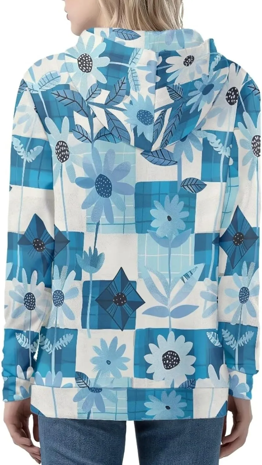 Loose Fit Women Zip Up Hoodies with Pocket Drawstring Strap Soft Plaid Floral Hoodie Lightweight Sweatshirts