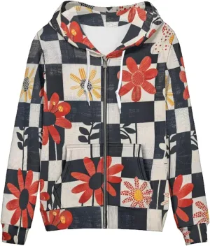 Loose Fit Women Zip Up Hoodies with Pocket Drawstring Strap Soft Plaid Floral Hoodie Lightweight Sweatshirts