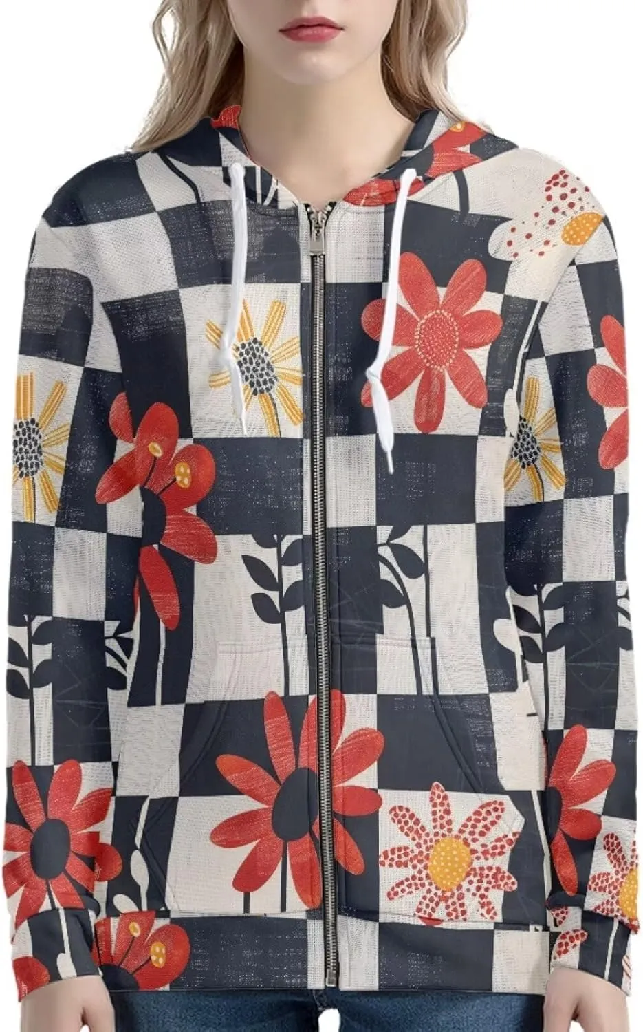 Loose Fit Women Zip Up Hoodies with Pocket Drawstring Strap Soft Plaid Floral Hoodie Lightweight Sweatshirts