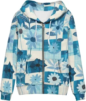 Loose Fit Women Zip Up Hoodies with Pocket Drawstring Strap Soft Plaid Floral Hoodie Lightweight Sweatshirts
