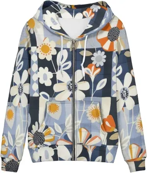 Loose Fit Women Zip Up Hoodies with Pocket Drawstring Strap Soft Plaid Floral Hoodie Lightweight Sweatshirts