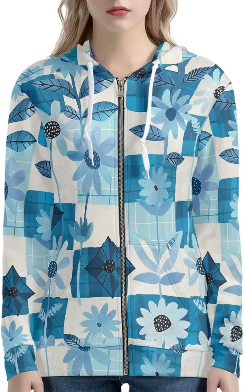 Loose Fit Women Zip Up Hoodies with Pocket Drawstring Strap Soft Plaid Floral Hoodie Lightweight Sweatshirts