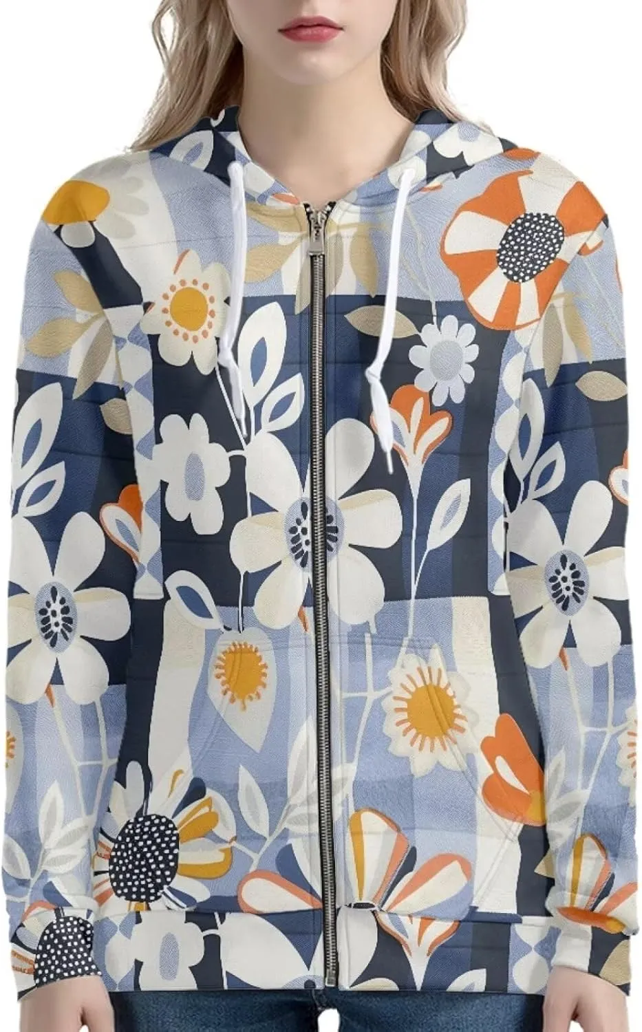Loose Fit Women Zip Up Hoodies with Pocket Drawstring Strap Soft Plaid Floral Hoodie Lightweight Sweatshirts