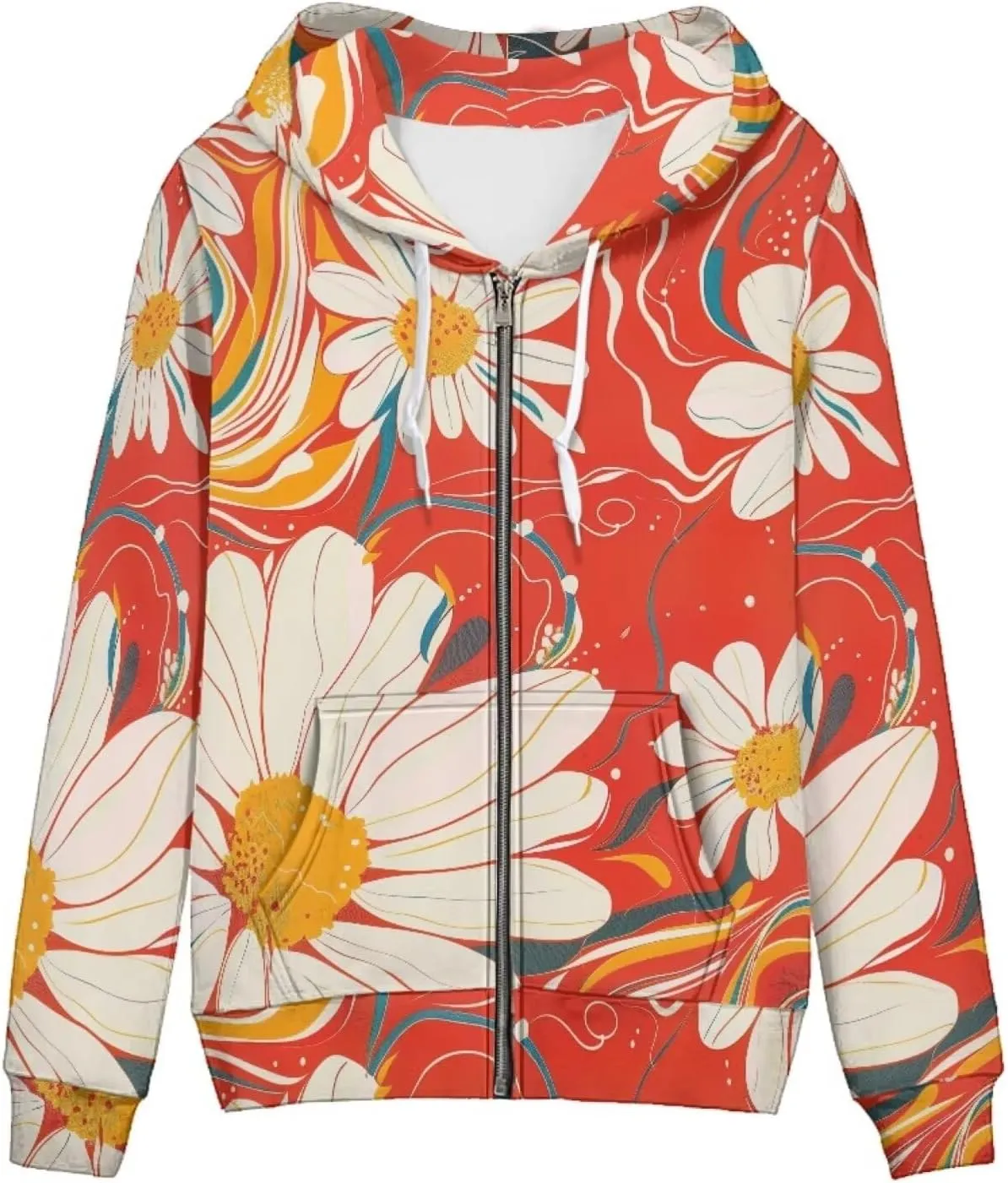 Loose Fit Women Zip Up Hoodies with Pocket Drawstring Strap Soft Plaid Floral Hoodie Lightweight Sweatshirts