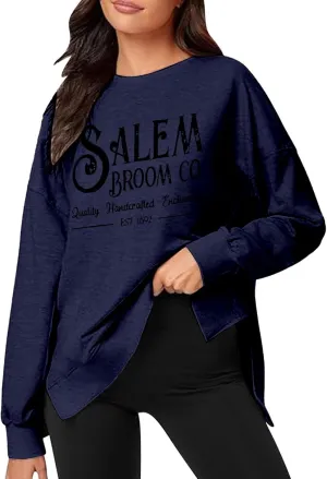 Loose Pullovers for Women Halloween Lightweight Letter Print Long Sleeve High Low Hem Sweatshirt Fall Workout Tops