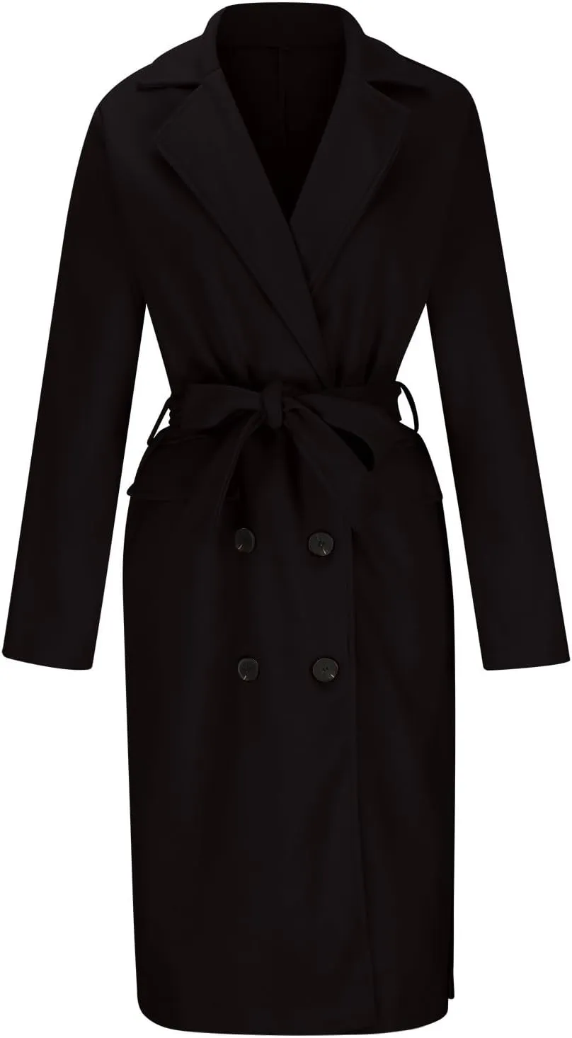 maisdgop Womens Pea Coat Winter Notch Lapel Wool Coat Double Breasted Business Windbreaker Casual Long Woolen Trench Coat