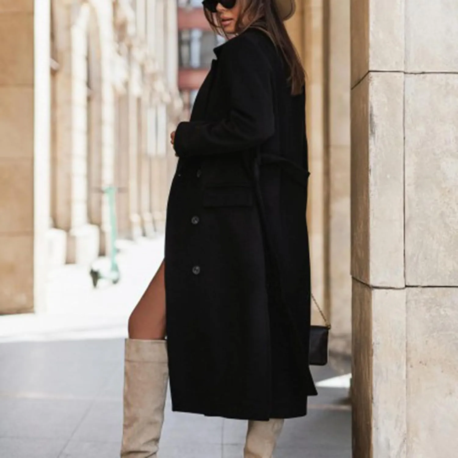 maisdgop Womens Pea Coat Winter Notch Lapel Wool Coat Double Breasted Business Windbreaker Casual Long Woolen Trench Coat