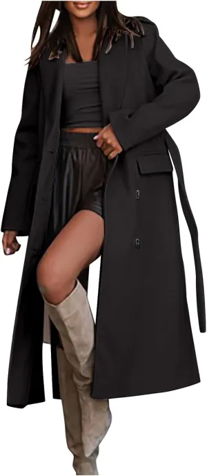 maisdgop Womens Pea Coat Winter Notch Lapel Wool Coat Double Breasted Business Windbreaker Casual Long Woolen Trench Coat