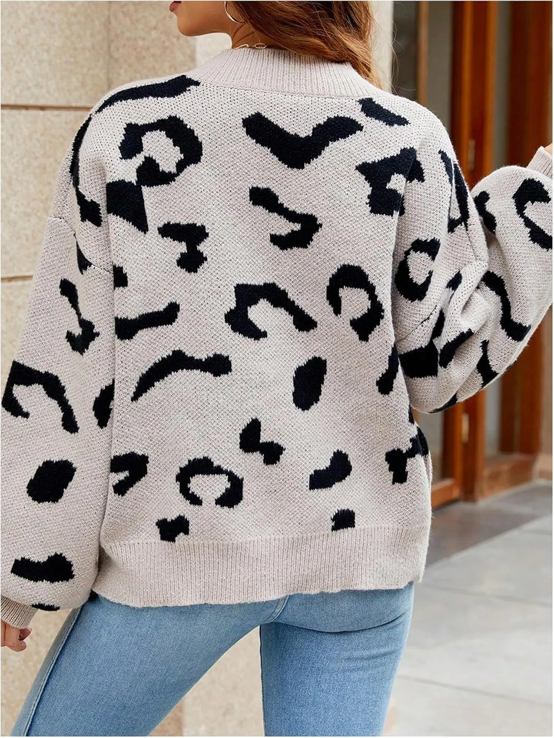 MakeMeChic Women's Leopard Print V Neck Button Down Cardigan Long Sleeve Chunky Sweater Cardigans