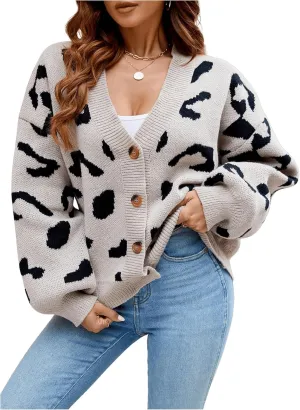 MakeMeChic Women's Leopard Print V Neck Button Down Cardigan Long Sleeve Chunky Sweater Cardigans