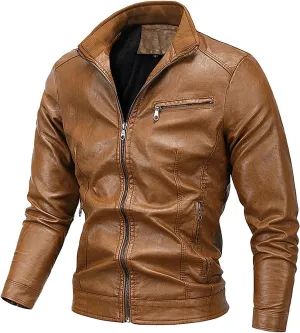 Men Faux Leather Zip Up Jacket Fleece Stand Collar Leather Motorcycle Jacket Multiple Pockets Bomber Outwear PU Coat