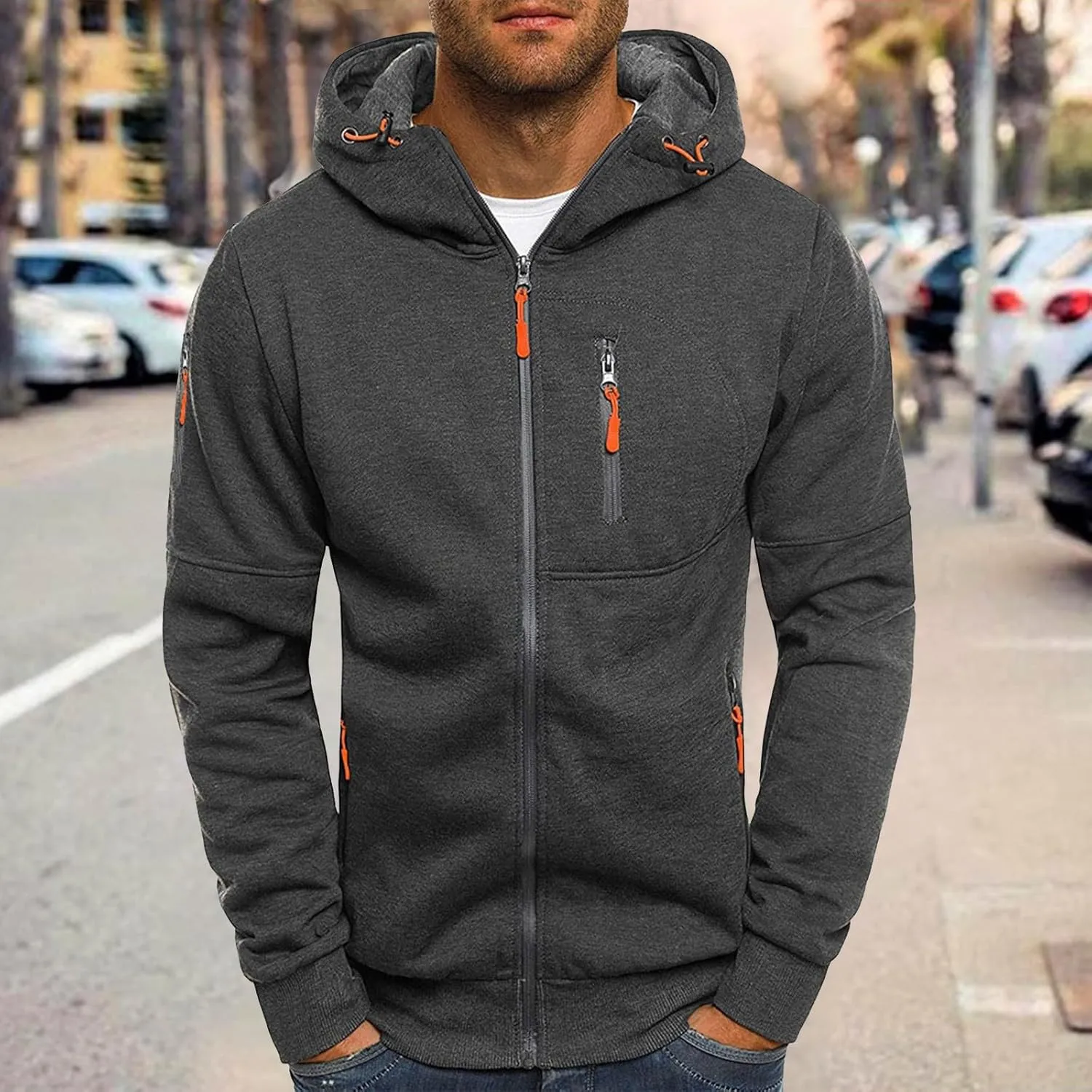 Men Hoodies Casual Hoodies for Men with Zip Pockets Full Zip Long Sleeve Sweatshirt Slim Fit Gym Sports Hooded Jacket