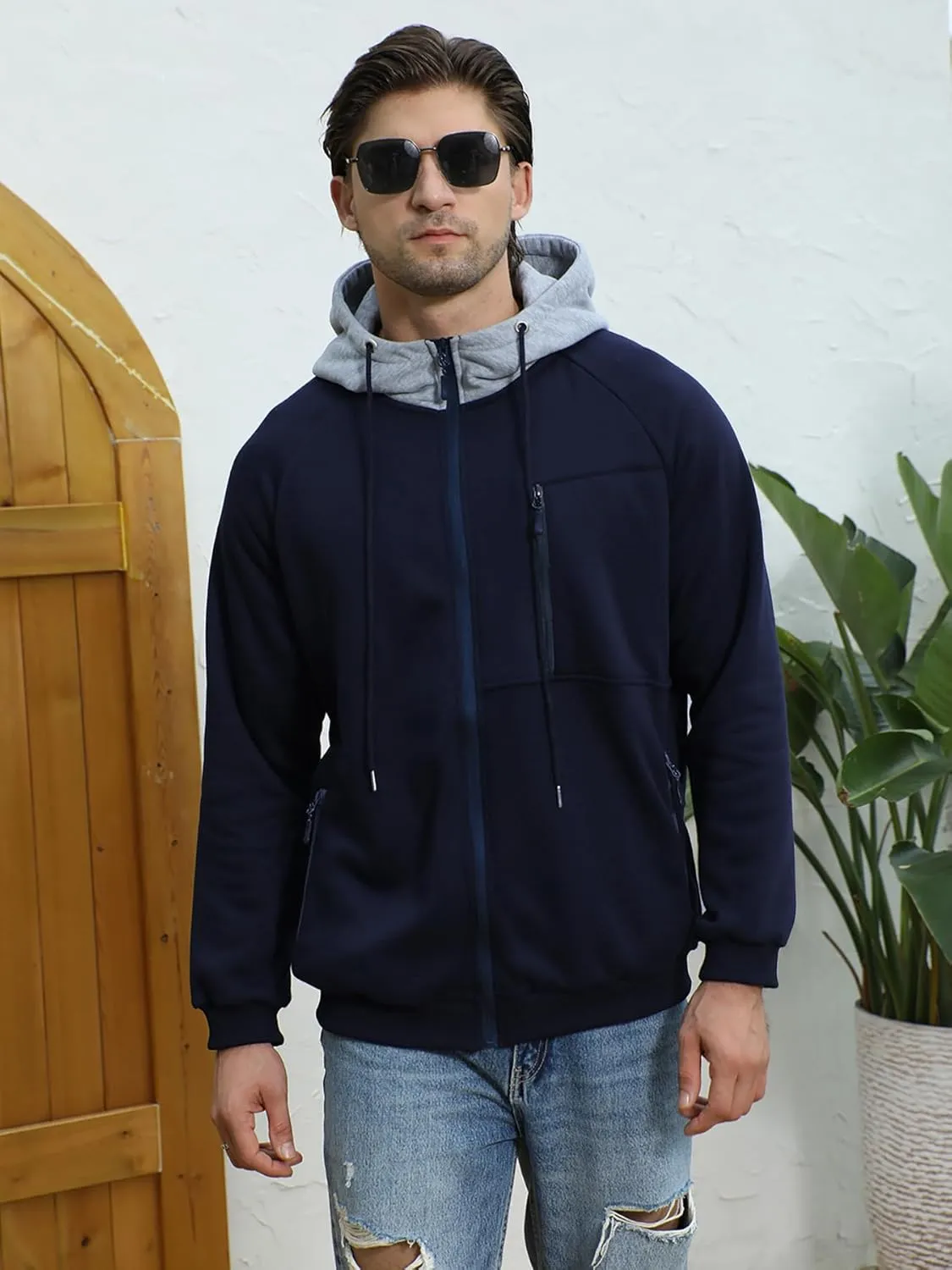 Men Hoodies Casual Hoodies for Men with Zip Pockets Full Zip Long Sleeve Sweatshirt Sports Color Block Hooded