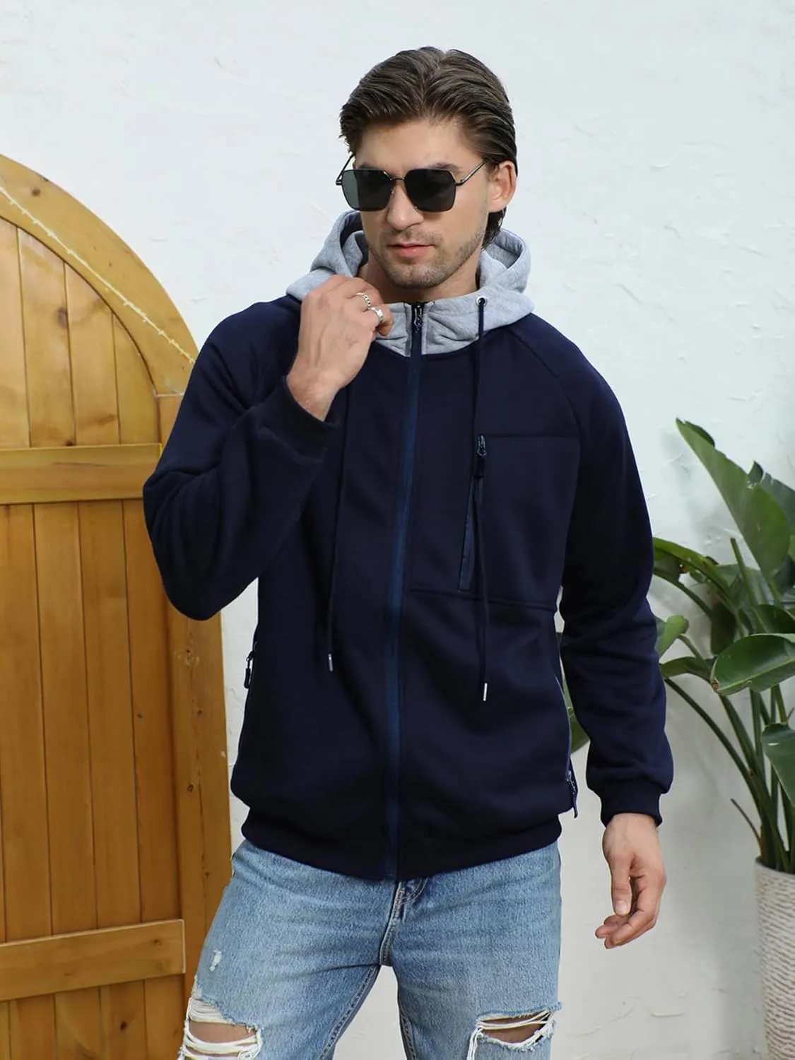 Men Hoodies Casual Hoodies for Men with Zip Pockets Full Zip Long Sleeve Sweatshirt Sports Color Block Hooded