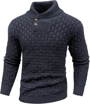 Men Turtleneck Sweater Fashion Twisted Knit Jacquard Button up Stand Collar Pullover Fall Winter Long Sleeves Tops