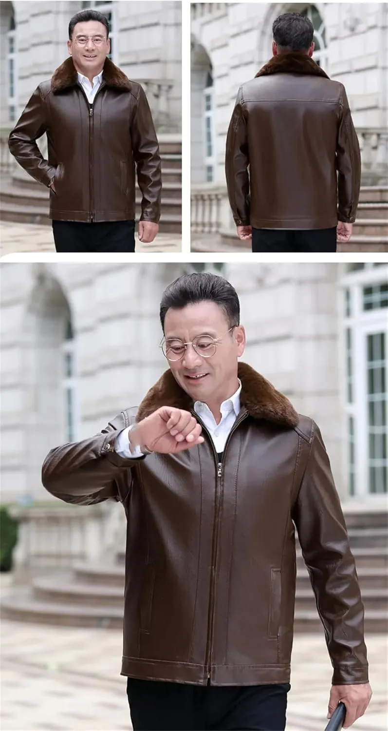 Men Winter Fleece Leather Jackets Casual Lapel PU Leather Wool Liner Warm Motorcycle Jacket