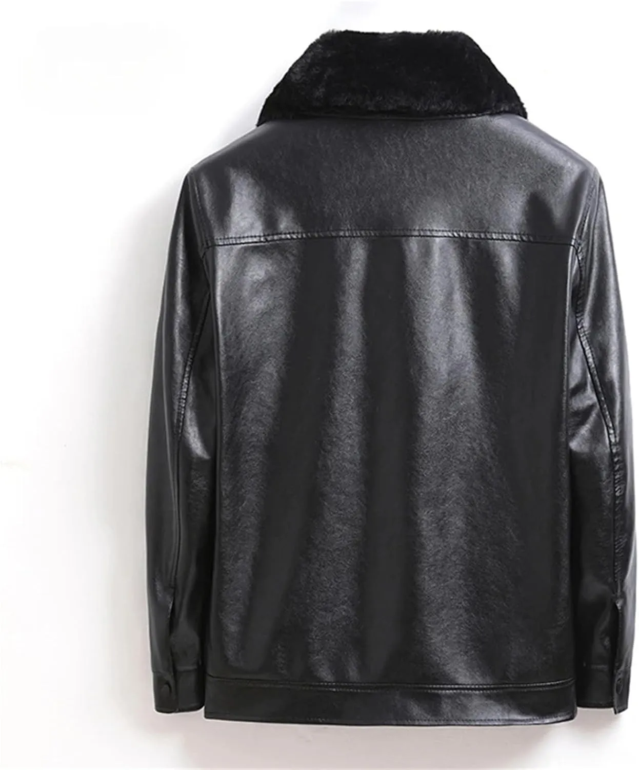Men Winter Fleece Leather Jackets Casual Lapel PU Leather Wool Liner Warm Motorcycle Jacket