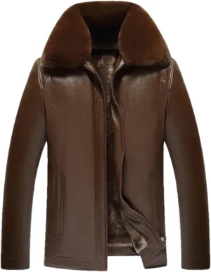 Men Winter Fleece Leather Jackets Casual Lapel PU Leather Wool Liner Warm Motorcycle Jacket