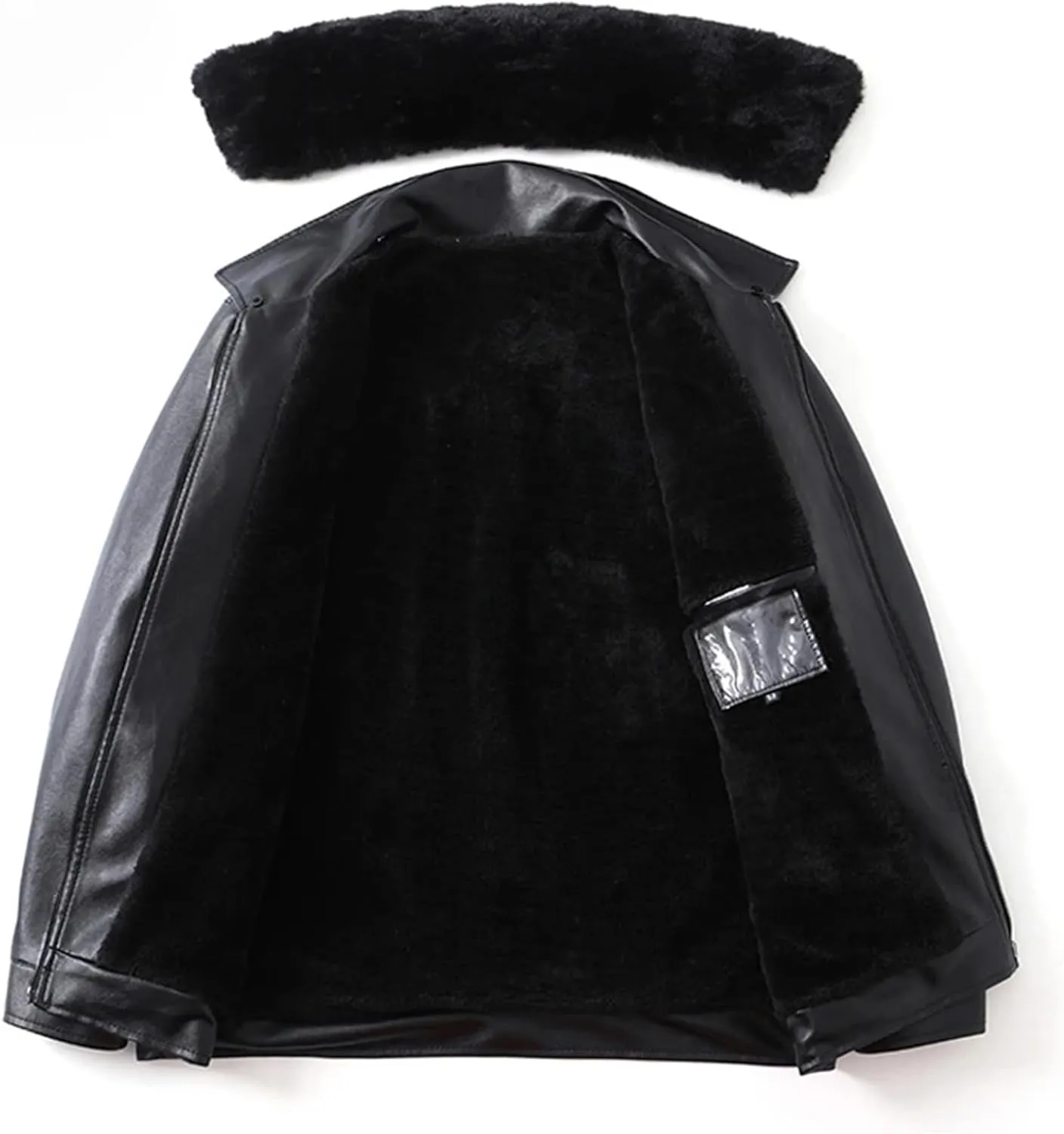 Men Winter Fleece Leather Jackets Casual Lapel PU Leather Wool Liner Warm Motorcycle Jacket