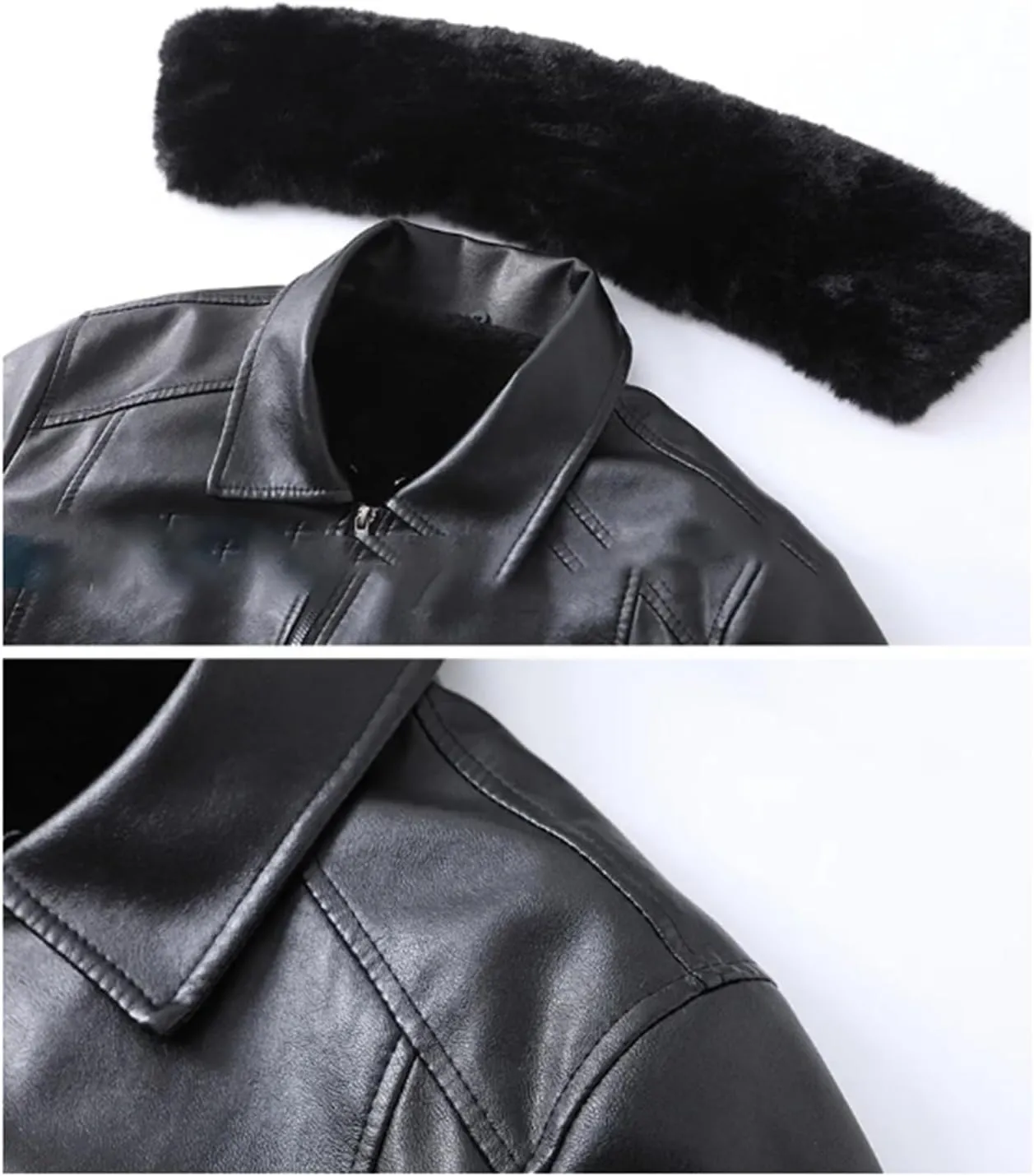 Men Winter Fleece Leather Jackets Casual Lapel PU Leather Wool Liner Warm Motorcycle Jacket
