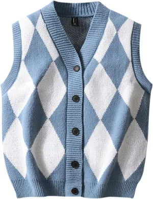 Men's Argyle Sweater Vest Button Down V Neck Sleeveless Fall Cardigan Casual Knitted Slim Fit Jumper Tops