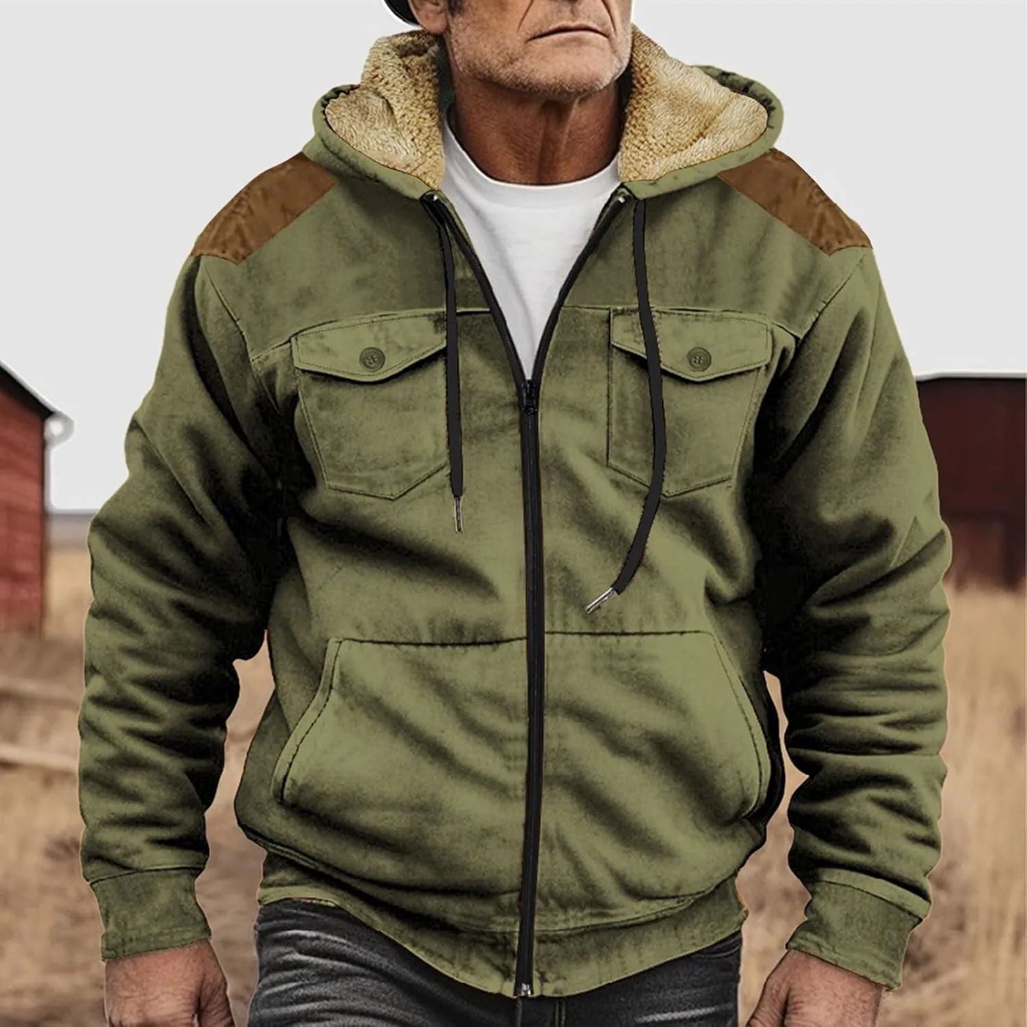 Men's Aztec Western Jackets Cowboy Winter Warm Sherpa Suede Fleece Coats Long Sleeve Retro Ethnic Vintage Casual Jacket