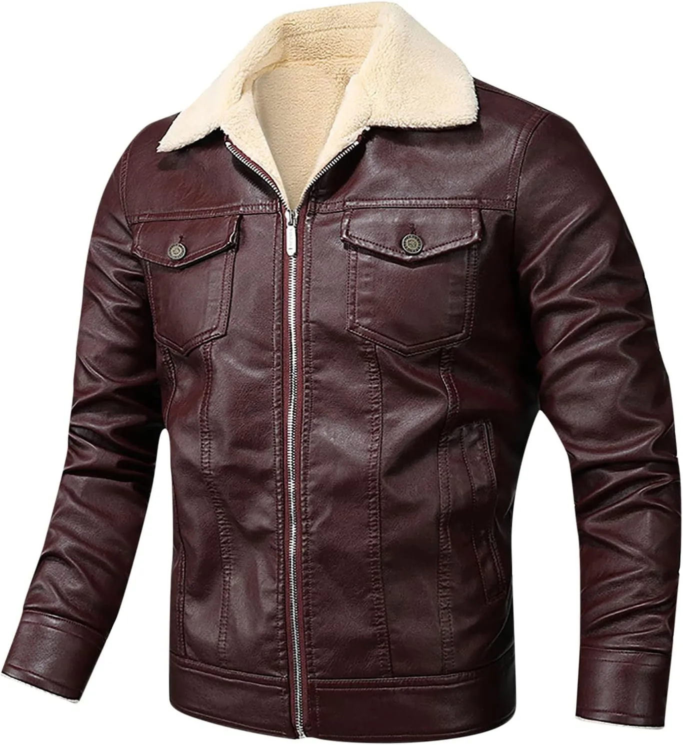 Mens Black Faux Leather Jacket PU Leather Fleece Lined Winter Coat Slim Fit Motorcycle Biker Jacket with Pockets
