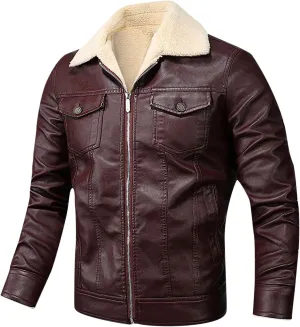 Mens Black Faux Leather Jacket PU Leather Fleece Lined Winter Coat Slim Fit Motorcycle Biker Jacket with Pockets