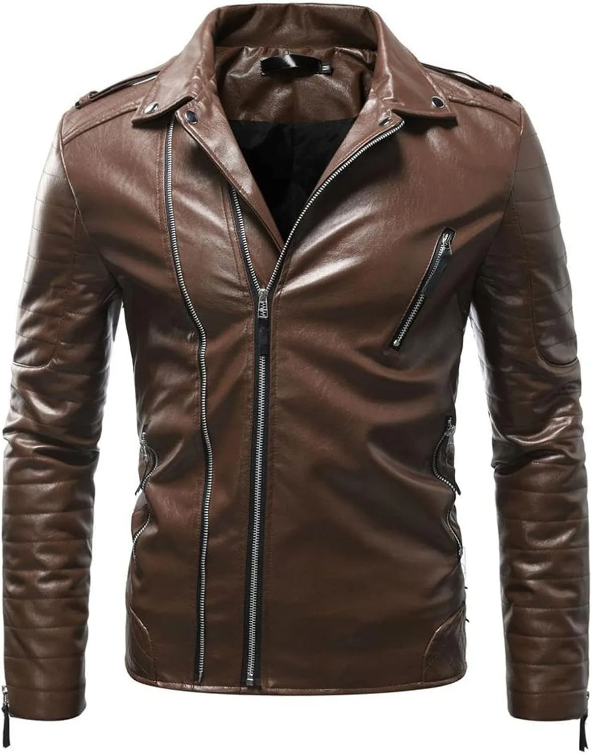 Mens Black Faux Leather Jacket Zip Up Windbreaker Fitted PU Leather Jackets Motorcycle Biker Coat with Pocket