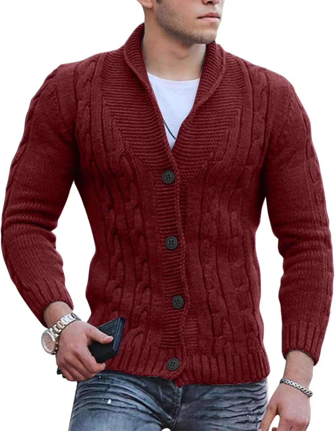 Men's Cardigan Sweater Button Down Long Sleeve Pullover Solid Color Knitted Hooded Casual Loose Knitwear with Pockets