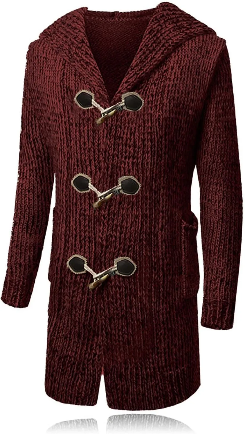 Men's Cardigan Sweater Button Down Long Sleeve Pullover Solid Color Knitted Hooded Casual Loose Knitwear with Pockets