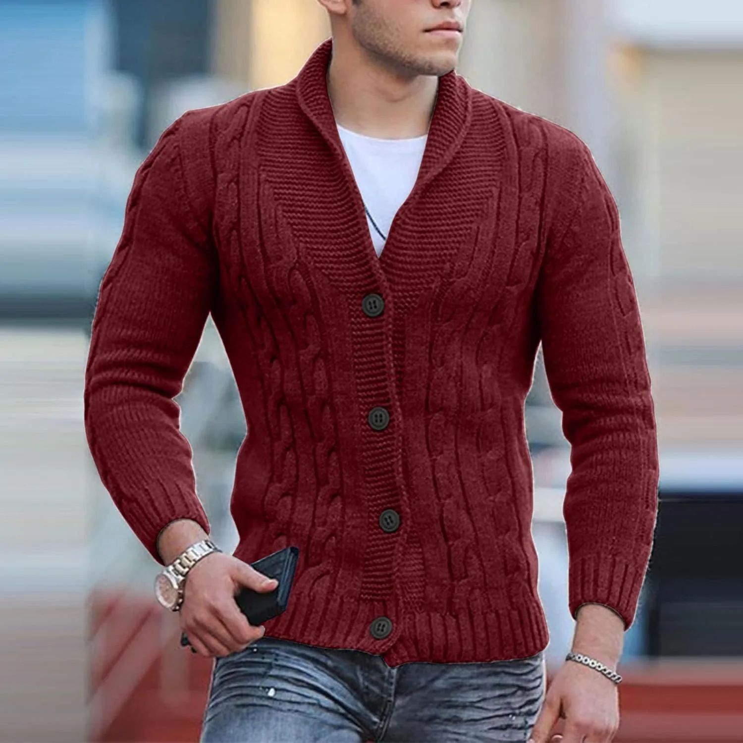 Men's Cardigan Sweater Button Down Long Sleeve Pullover Solid Color Knitted Hooded Casual Loose Knitwear with Pockets
