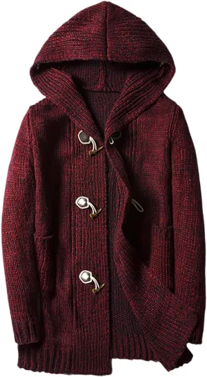 Men's Cardigan Sweater Button Down Long Sleeve Pullover Solid Color Knitted Hooded Casual Loose Knitwear with Pockets