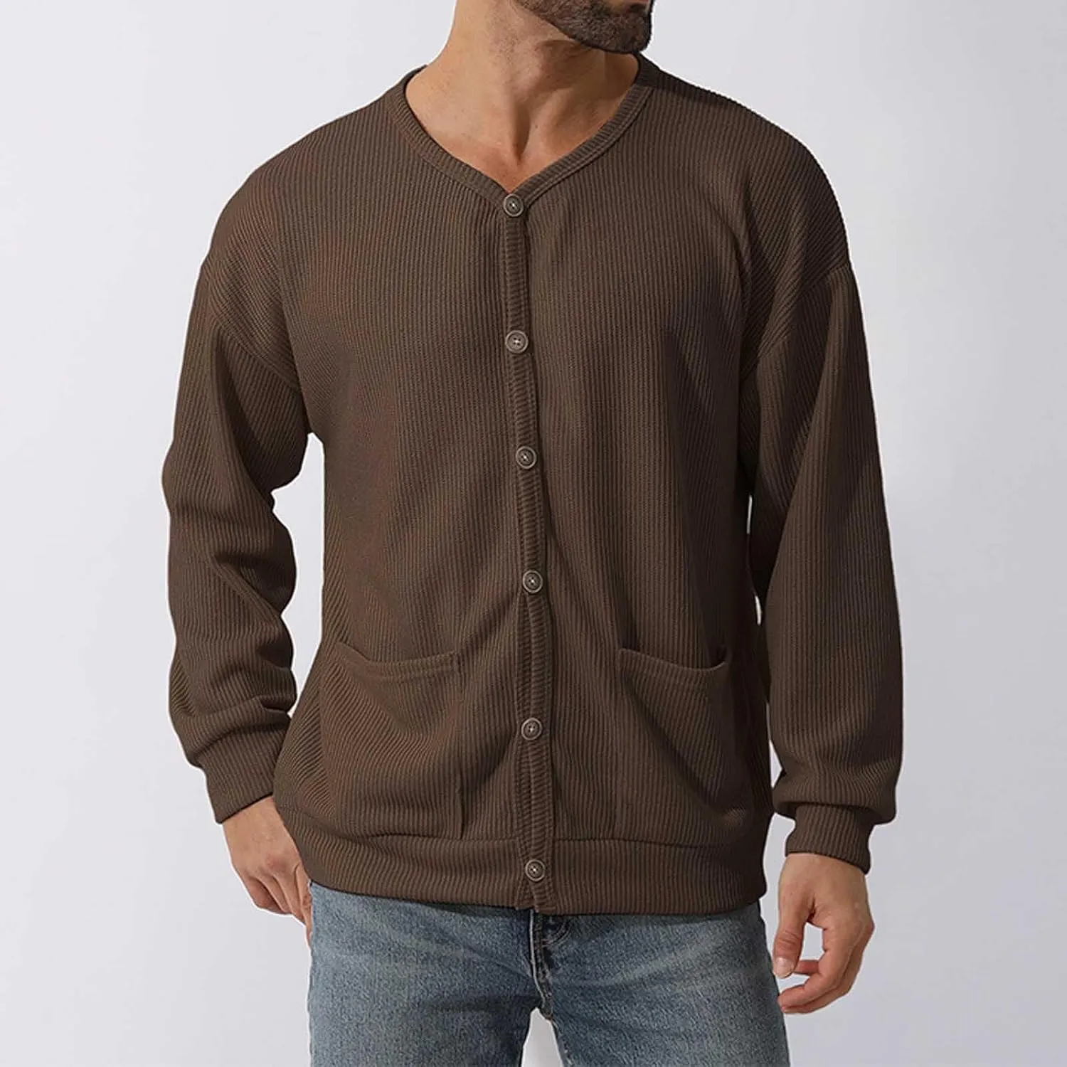 Mens Cardigan Sweater Soft Knitted Crewneck Button Down Cardigans Casual Long Sleeve Loose Fit Outwear Coat with Pockets
