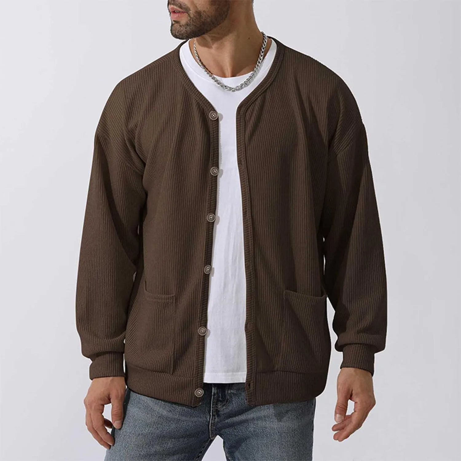 Mens Cardigan Sweater Soft Knitted Crewneck Button Down Cardigans Casual Long Sleeve Loose Fit Outwear Coat with Pockets