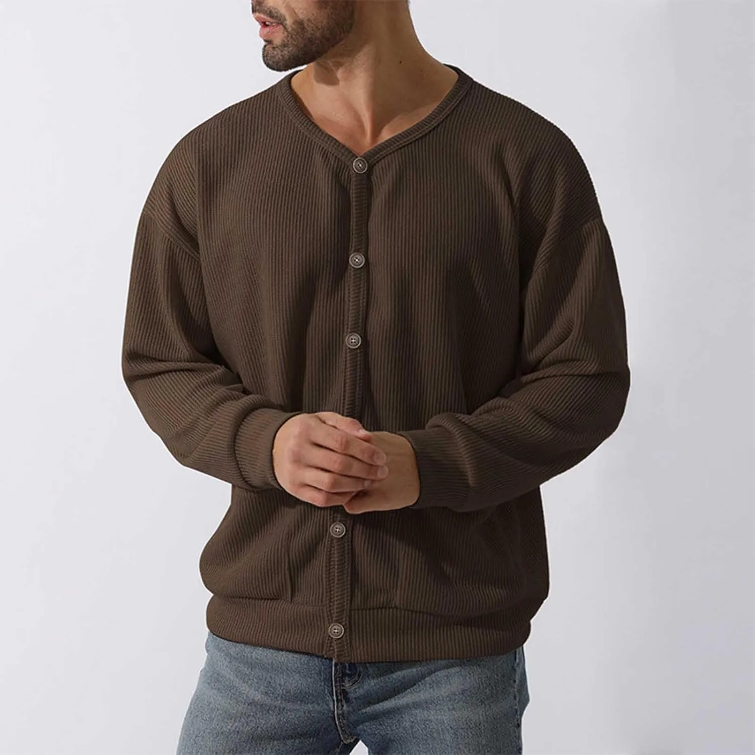 Mens Cardigan Sweater Soft Knitted Crewneck Button Down Cardigans Casual Long Sleeve Loose Fit Outwear Coat with Pockets
