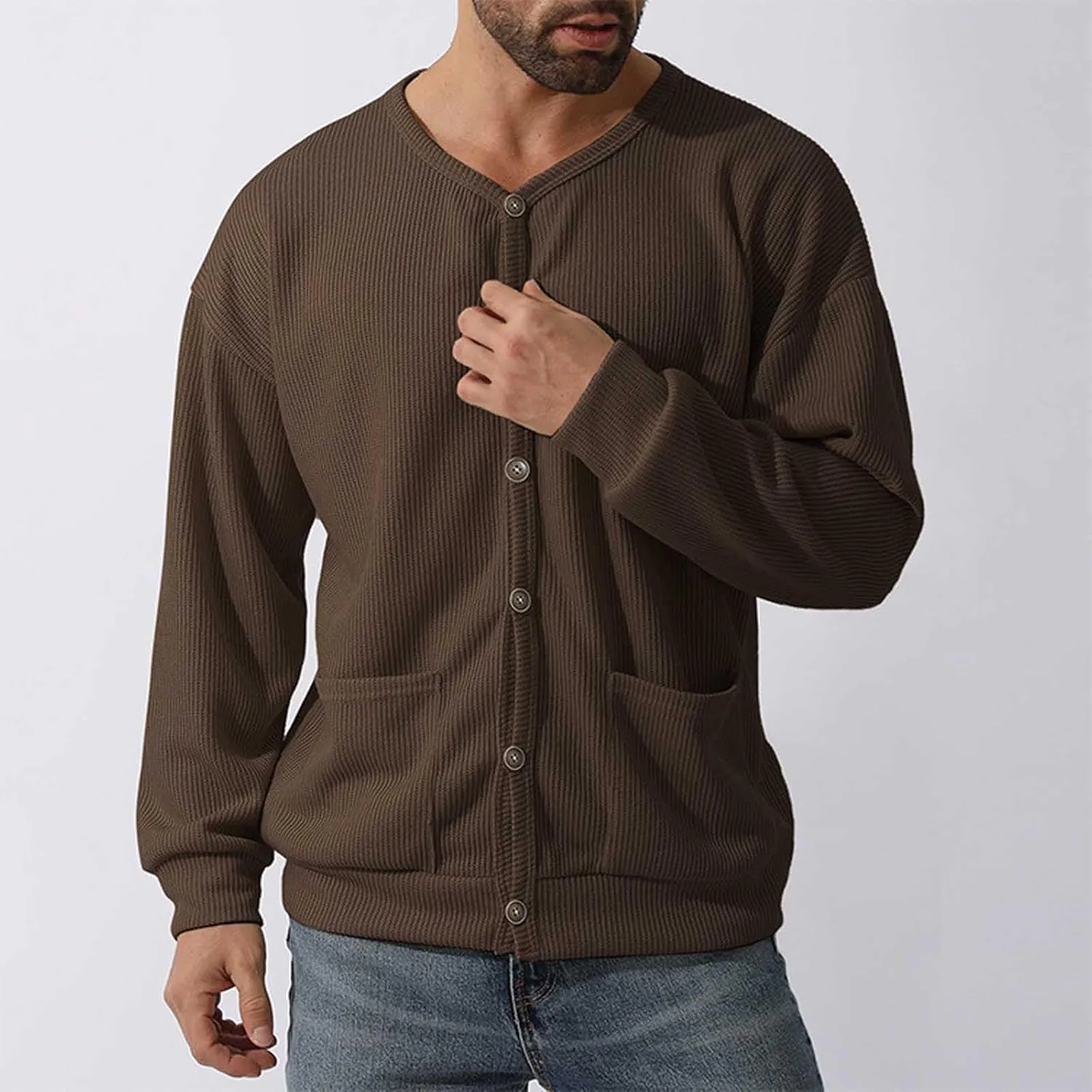 Mens Cardigan Sweater Soft Knitted Crewneck Button Down Cardigans Casual Long Sleeve Loose Fit Outwear Coat with Pockets