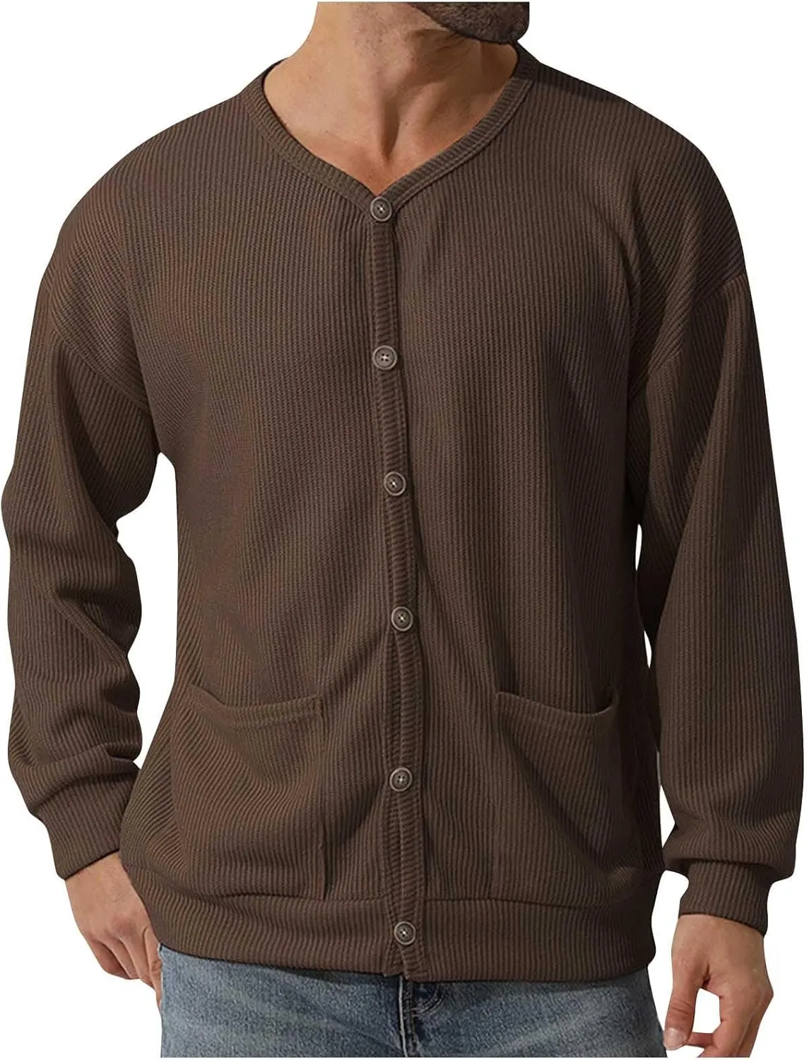 Mens Cardigan Sweater Soft Knitted Crewneck Button Down Cardigans Casual Long Sleeve Loose Fit Outwear Coat with Pockets