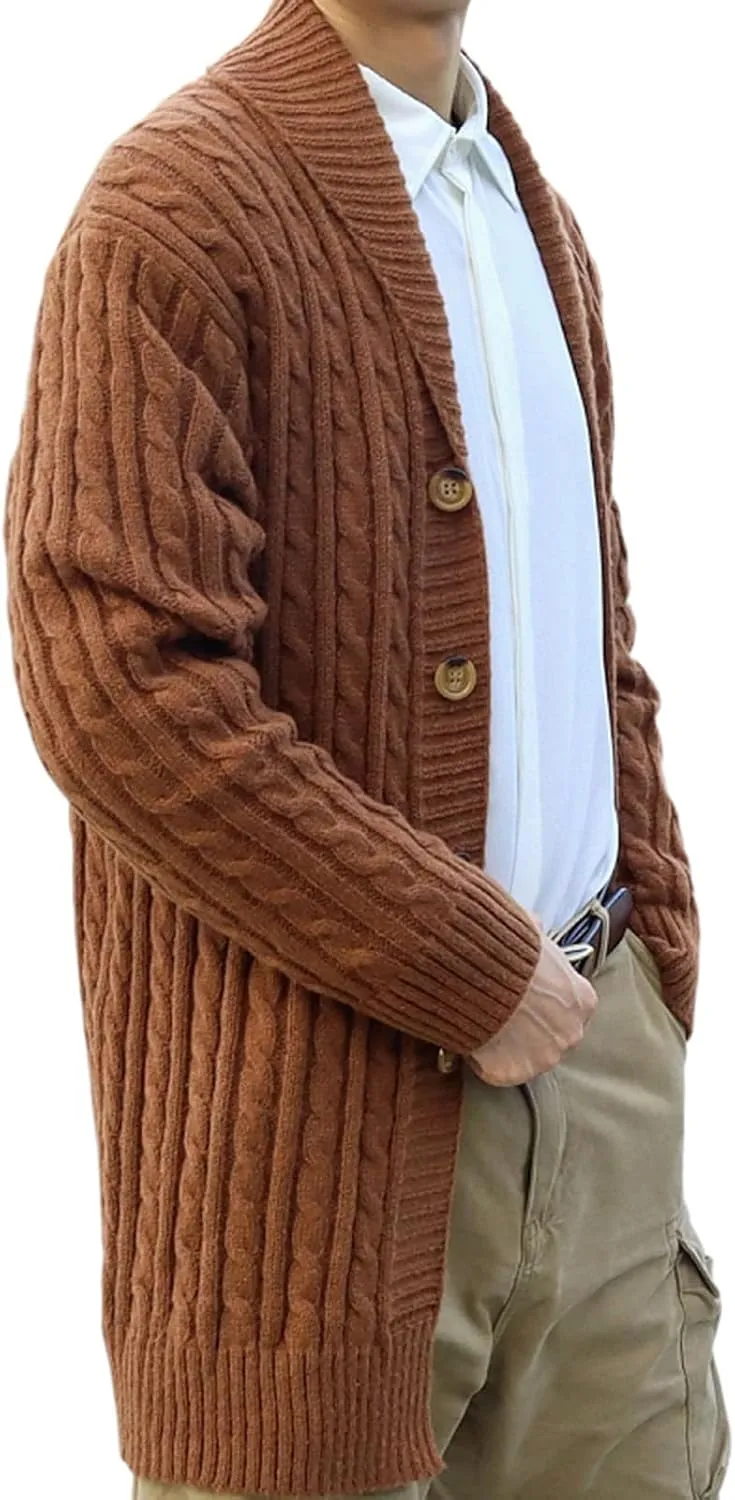 Mens Casual Cardigan Sweaters Long Sleeve Shawl Collar Button Down Cable Knit Sweaters Soft Slim Fit Fall Winter Coats