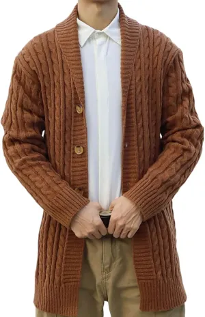 Mens Casual Cardigan Sweaters Long Sleeve Shawl Collar Button Down Cable Knit Sweaters Soft Slim Fit Fall Winter Coats