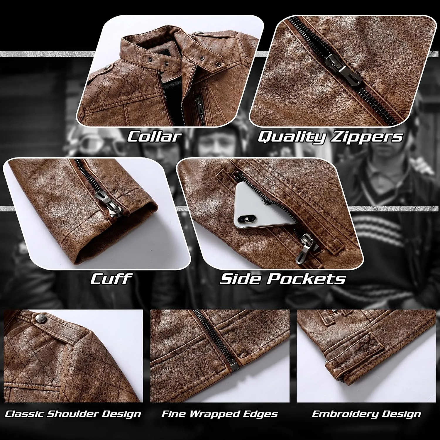 Men’s Casual Stand Collar Jacket Men's Faux Leather Jacket Motorcycle Bomber Jacket Winter Coat