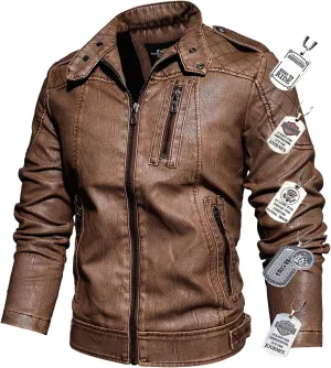 Men’s Casual Stand Collar Jacket Men's Faux Leather Jacket Motorcycle Bomber Jacket Winter Coat