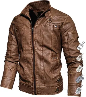Men’s Casual Stand Collar Jacket Men's Faux Leather Jacket Motorcycle Bomber Jacket Winter Coat