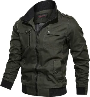 Mens Chic Cotton Military Jackets Stand Collar Long Sleeve Windbreaker with Zipper Casual Bomber Jackets