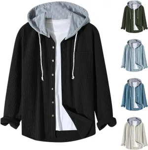 Men's Corduroy Shirt Jackets Long Sleeve Button-Down Casual Hooded Shacket Jacket Versatile Warm Outerwear with Pockets