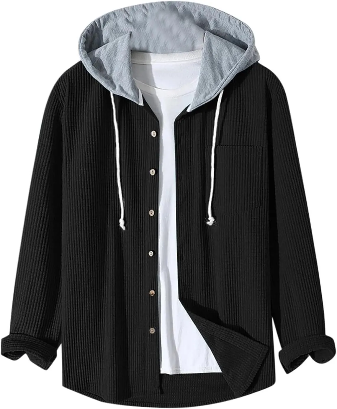 Men's Corduroy Shirt Jackets Long Sleeve Button-Down Casual Hooded Shacket Jacket Versatile Warm Outerwear with Pockets