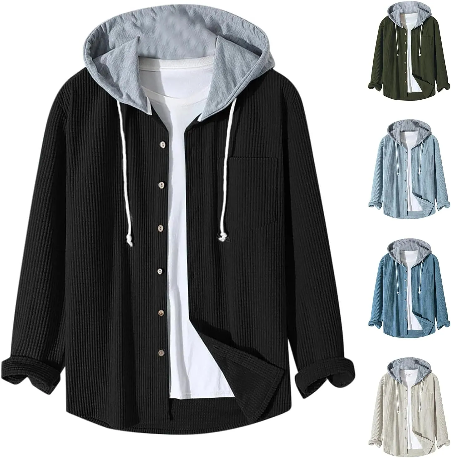 Men's Corduroy Shirt Jackets Long Sleeve Button-Down Casual Hooded Shacket Jacket Versatile Warm Outerwear with Pockets