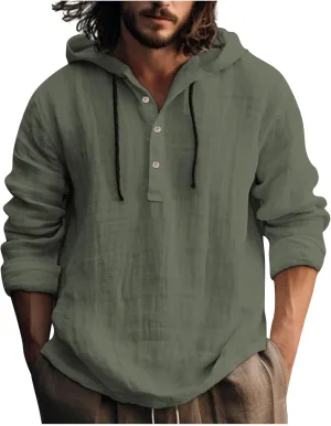 Mens Cotton Linen Hoodie,Long Sleeve Lightweight Breathable Hooded Button Down Shirt Spring Fall Casual Top