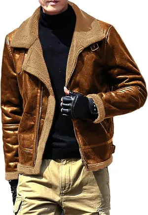 Men's Cropped Winter Sherpa Jacket Casual Suede Leather Windbreaker Trench Coat Thermal Fleece Lined Bomber Jacket
